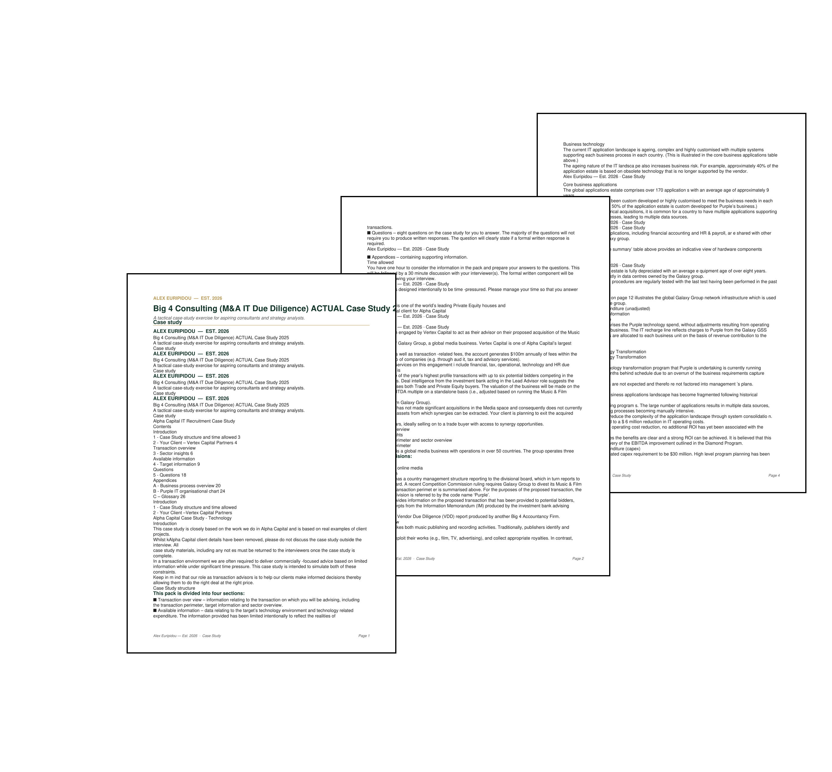 Three pages from the Alex Euripidou Big 4 Consulting (M&A IT Due Diligence) ACTUAL Case Study 2025 - the branded cover page, the case introduction and structure, and the target information section with sector insights and IT environment overview.